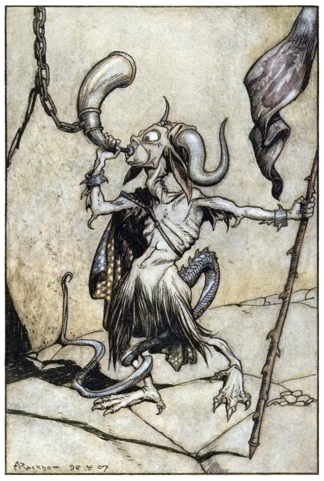 Un homme-bouc soufflant dans un cor